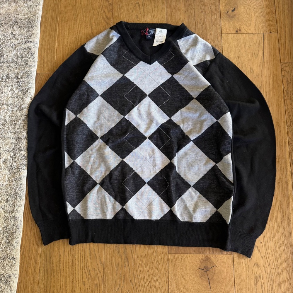 VTG Cambridge Classics Argyle Sweater Mens XL V-Neck Black Pullover Knit Y2K